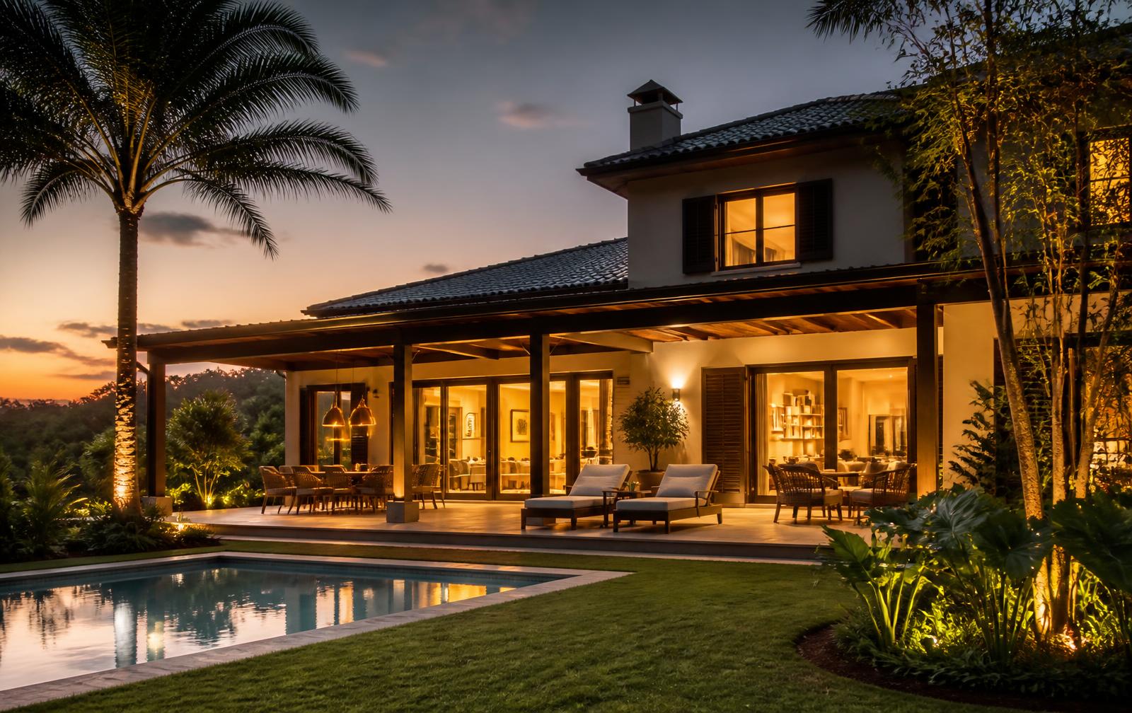 Casa de alto padrão iluminada ao entardecer com piscina